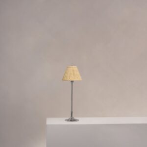 Cotswold mała plisowana lampa stołowa lniany odcień żółci – Polerowany nikiel
