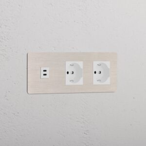 Kew Gniazdo USB-C 30 W i Schuko/Bipasso x 2 w potrójnej ramce – Satynowy nikiel, Biały