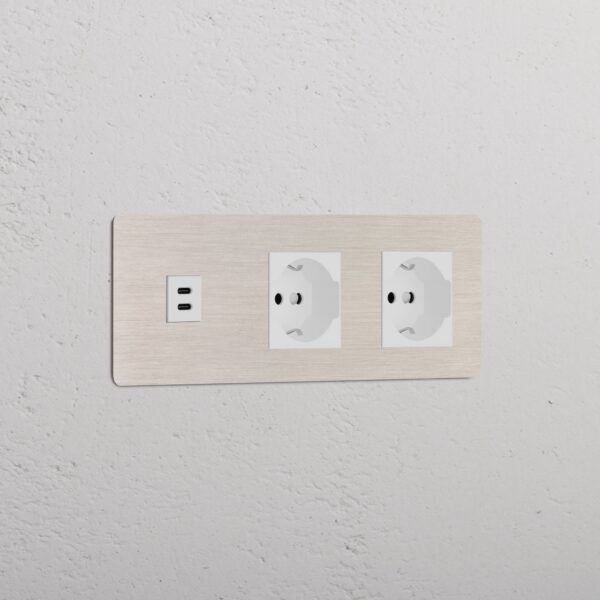 Kew Gniazdo USB-C 30 W i Schuko/Bipasso x 2 w potrójnej ramce – Satynowy nikiel, Biały