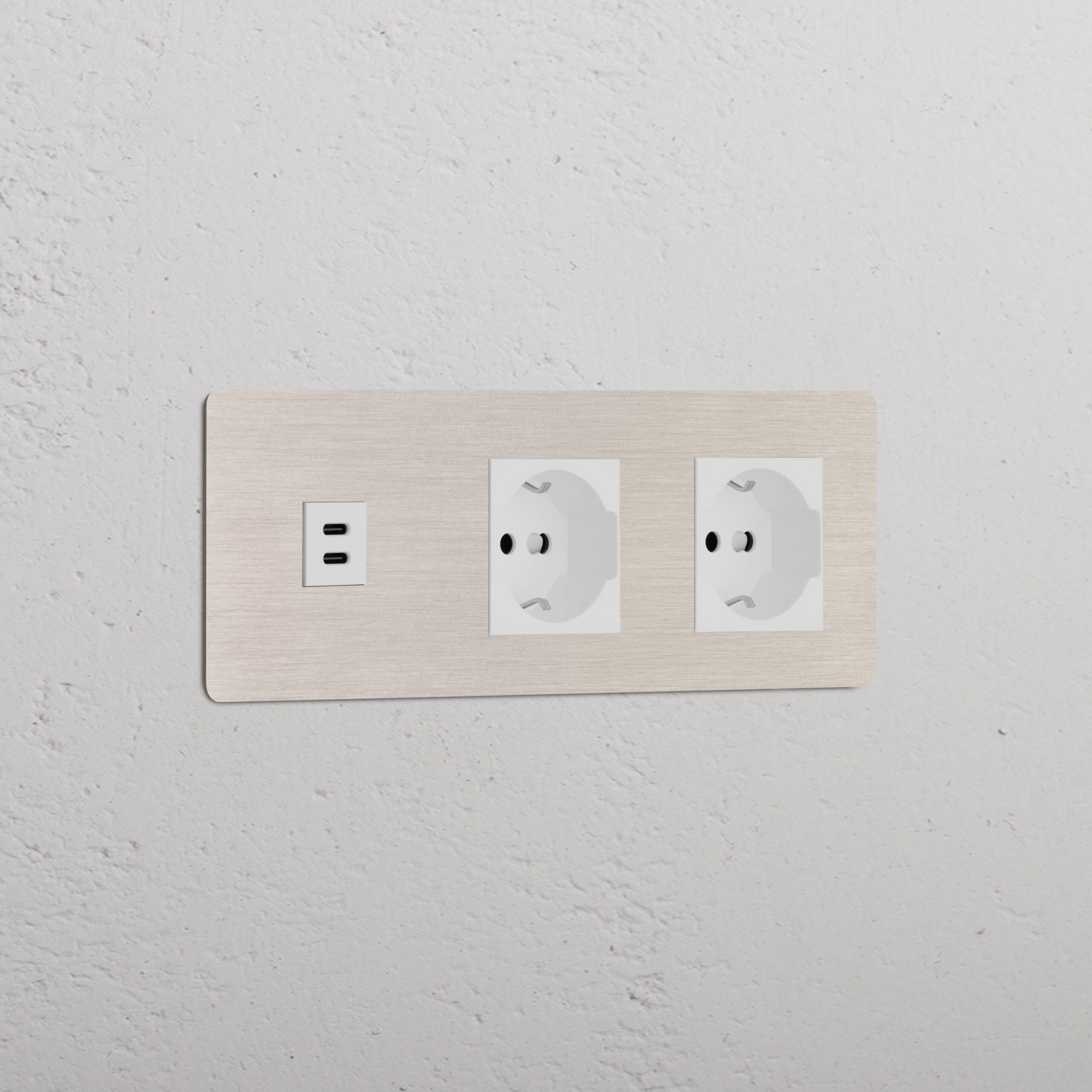 Kew Gniazdo USB-C 30 W i Schuko/Bipasso x 2 w potrójnej ramce – Satynowy nikiel, Biały