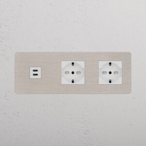 Kew Gniazdo USB-C 30 W i Schuko/Bipasso x 2 w potrójnej ramce – Satynowy nikiel, Biały