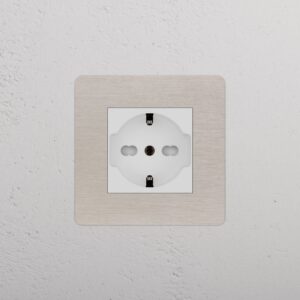 Kew Gniazdo Schuko/Bipasso w pojedynczej ramce – Satynowy nikiel, Biały