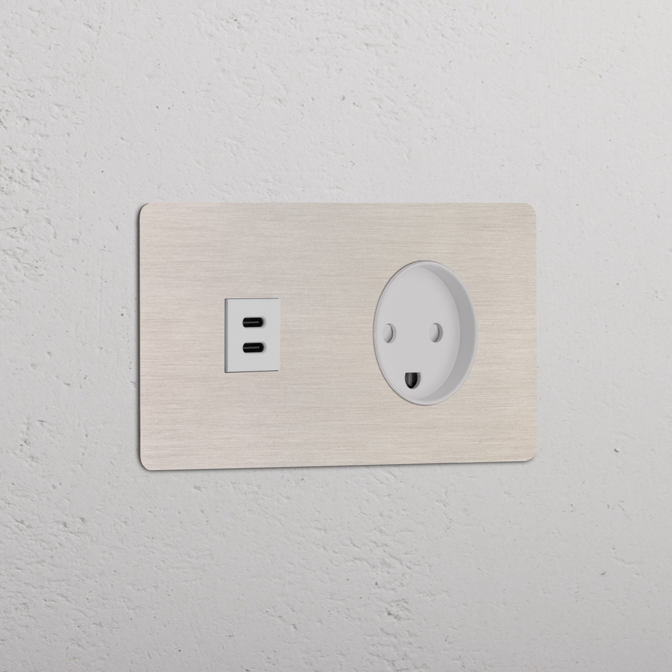 Kew Gniazdo USB-C 30 W i duńskie typu K w podwójnej ramce – Satynowy nikiel, Biały
