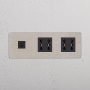 Grove Gniazdo USB-C 30 W i Bipasso x 4 w potrójnej ramce – Satynowy nikiel, Czarny
