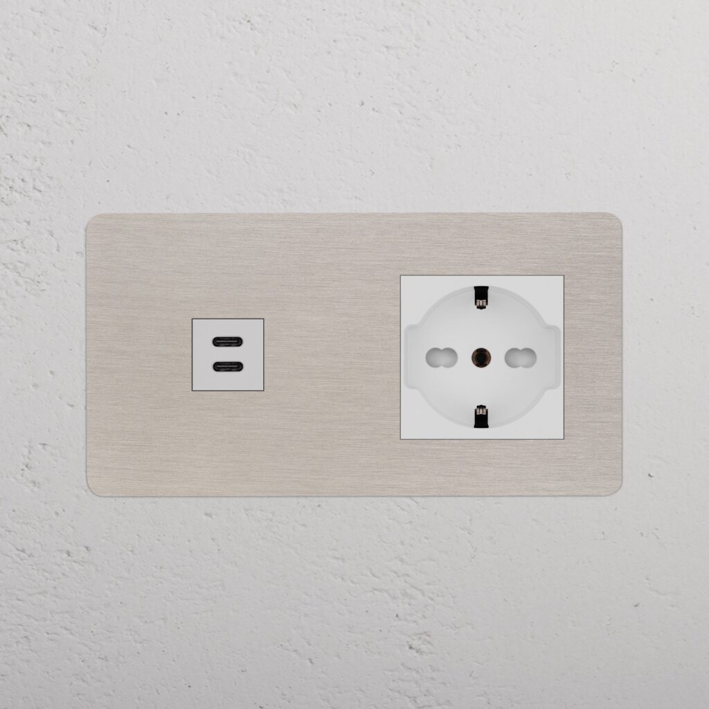 Kew Gniazdo USB-C 30 W i Schuko/Bipasso w podwójnej ramce – Satynowy nikiel, Biały