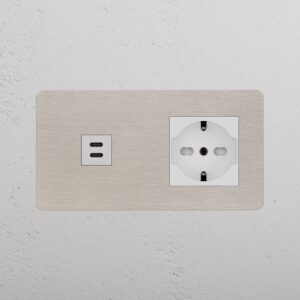 Kew Gniazdo USB-C 30 W i Schuko/Bipasso w podwójnej ramce – Satynowy nikiel, Biały