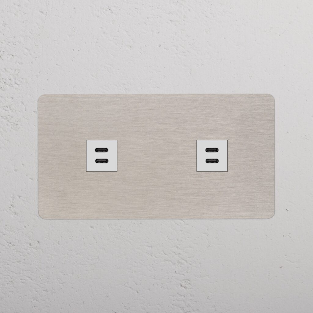 Kew Gniazdo USB-C 30 W x 2 w podwójnej ramce – Satynowy nikiel, Biały