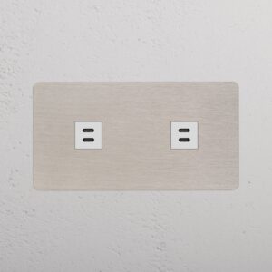 Kew Gniazdo USB-C 30 W x 2 w podwójnej ramce – Satynowy nikiel, Biały