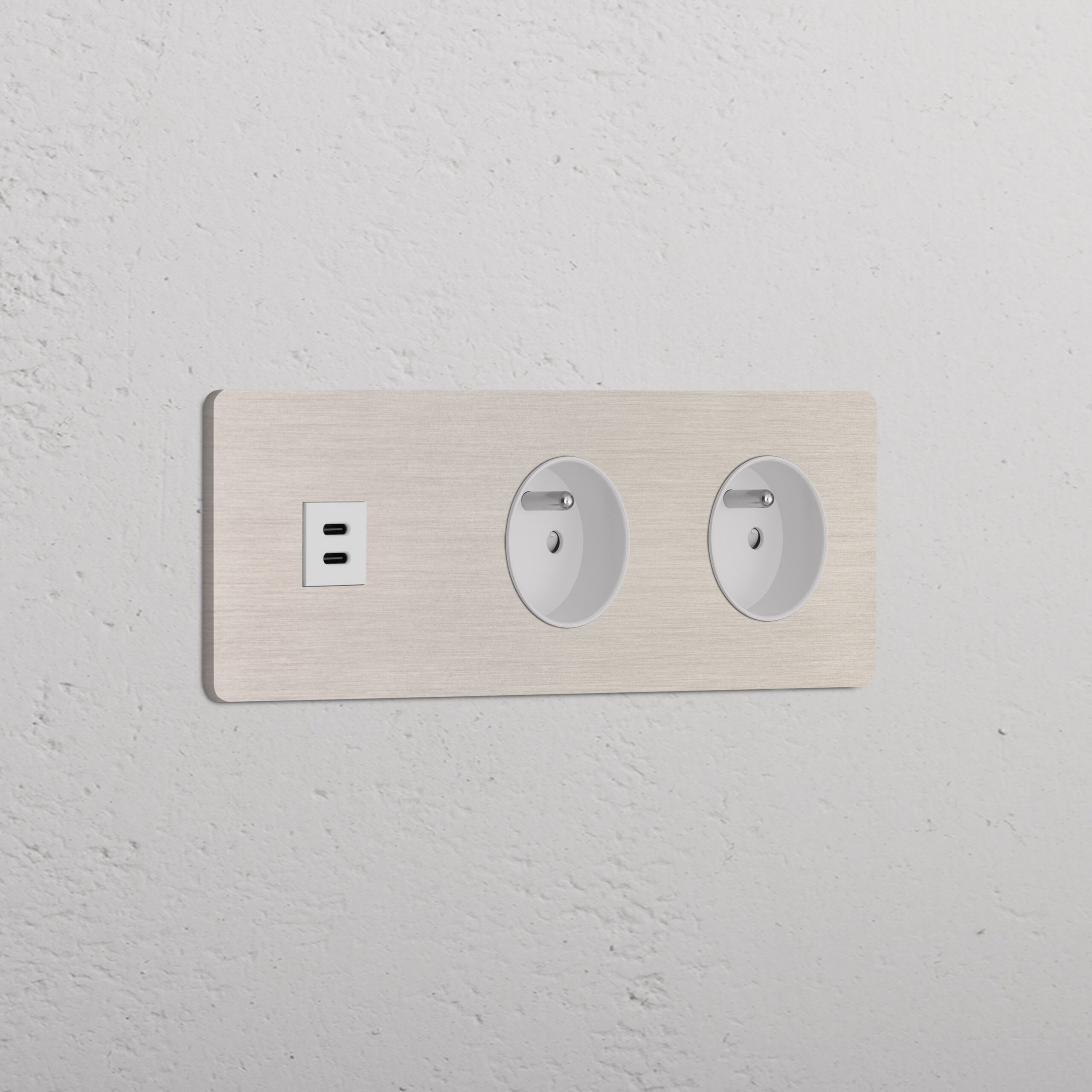 Grove Gniazdo USB-C 30 W i francusko/belgijskie typu E x 2 w potrójnej ramce – Satynowy nikiel, Biały