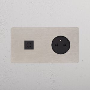 Kew Gniazdo USB-C 30 W i francusko/belgijskie typu E w podwójnej ramce – Satynowy nikiel, Czarny