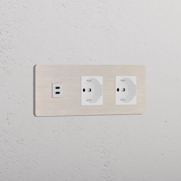 Grove Gniazdo USB-C 30 W i Schuko/Bipasso x 2 w potrójnej ramce – Satynowy nikiel, Biały