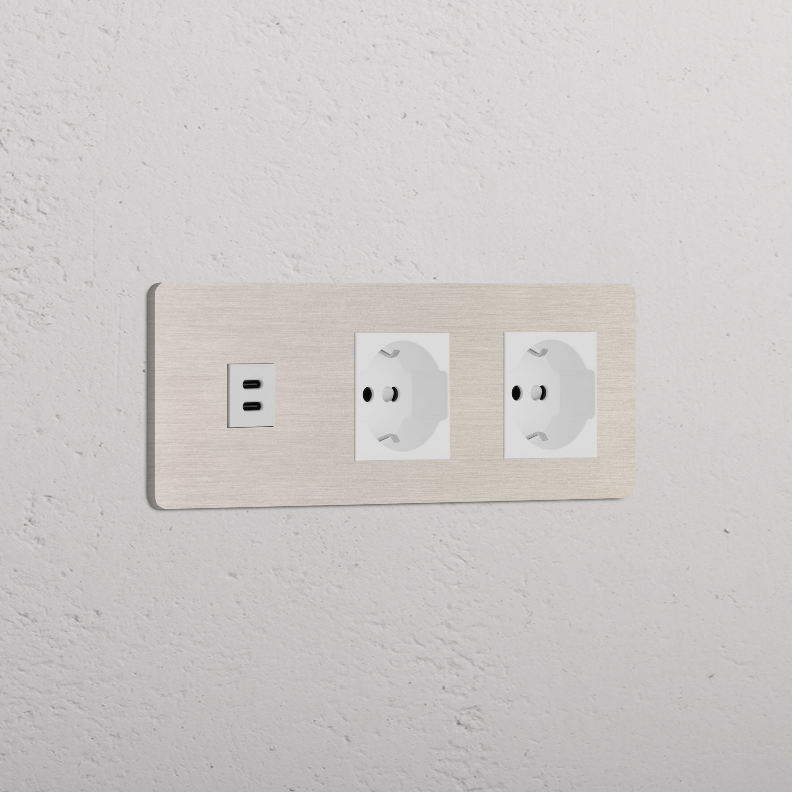 Grove Gniazdo USB-C 30 W i Schuko/Bipasso x 2 w potrójnej ramce – Satynowy nikiel, Biały
