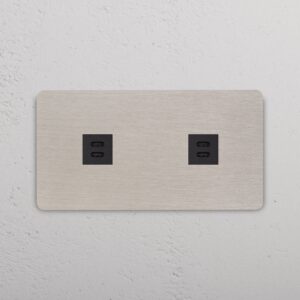 Grove Gniazdo USB-C 30 W x 2 w podwójnej ramce – Satynowy nikiel, Czarny