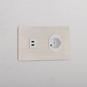 Kew Gniazdo USB-C 30W i szwajcarskie typu J w podwójnej ramce – Satynowy nikiel, Biały