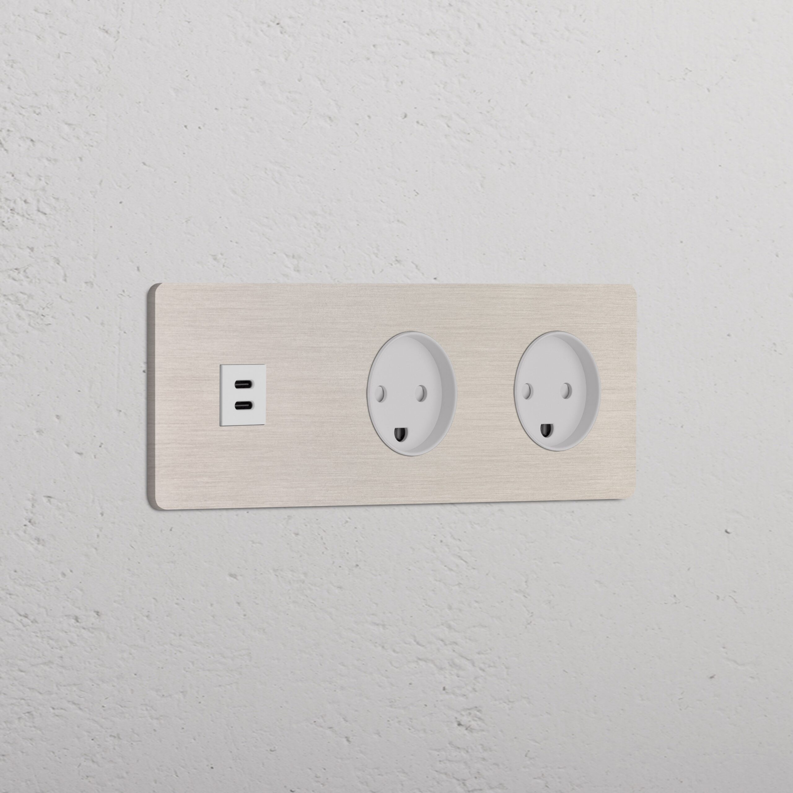 Grove Gniazdo USB-C 30 W i duńskie typu K x 2 w potrójnej ramce – Satynowy nikiel, Biały