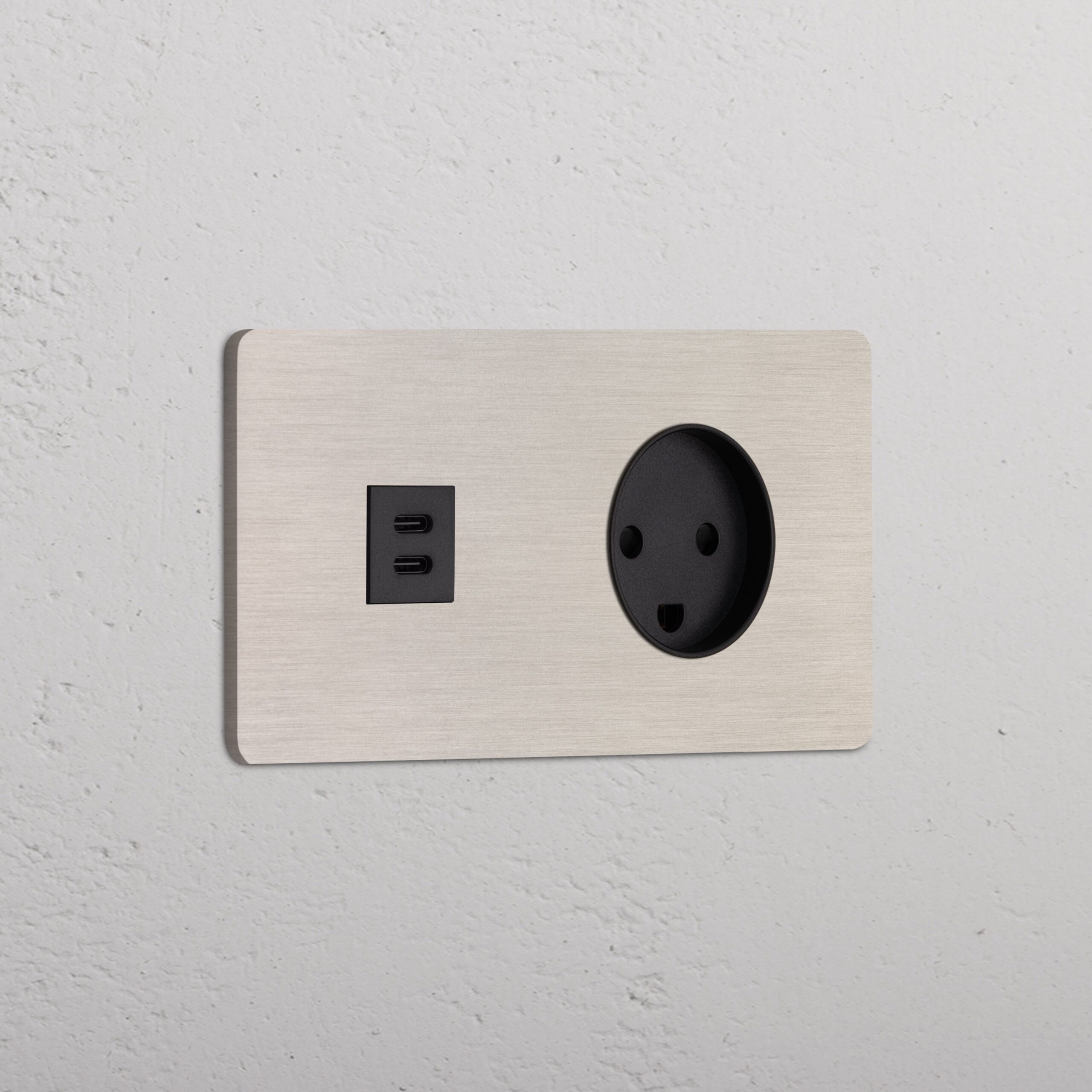 Grove Gniazdo USB-C 30 W i duńskie typu K w podwójnej ramce – Satynowy nikiel, Czarny