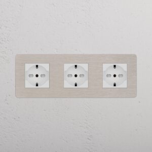 Kew Gniazdo Schuko/Bipasso x 3 w potrójnej ramce – Satynowy nikiel, Biały