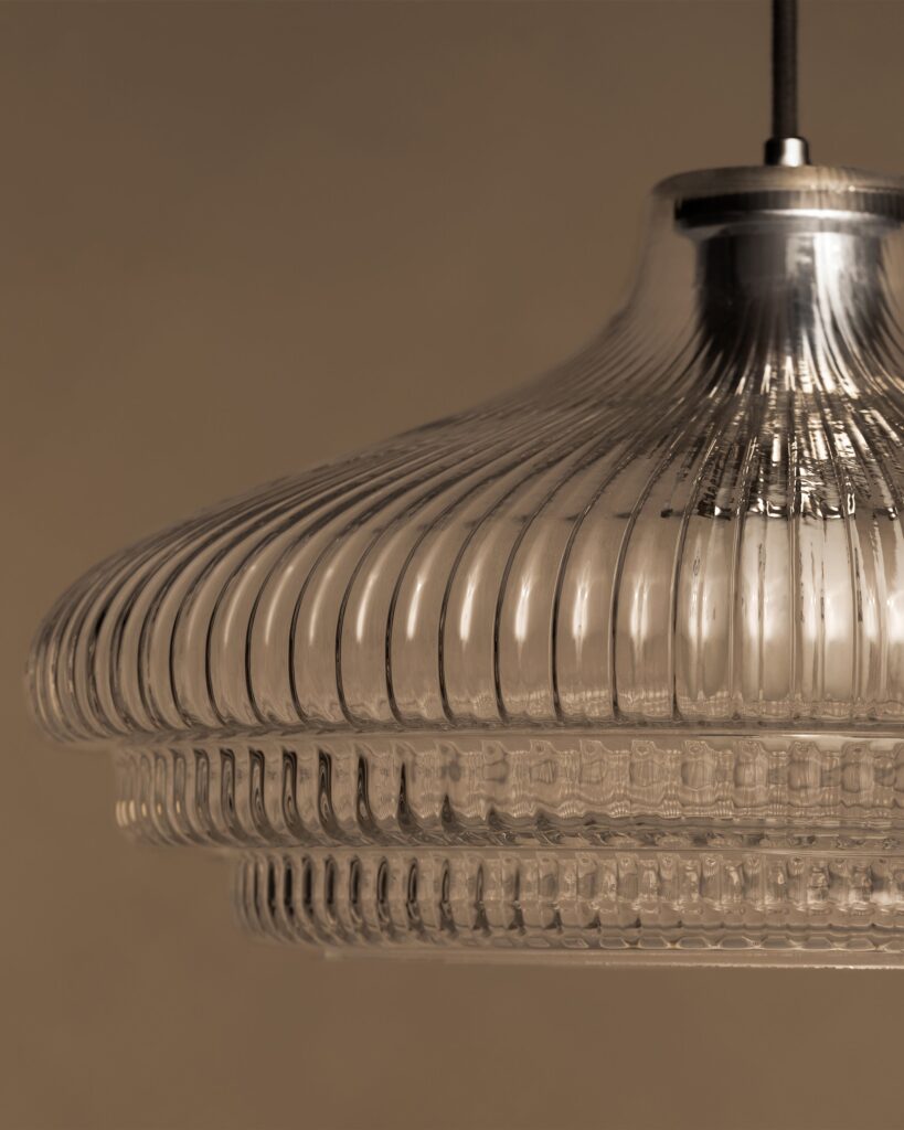Brookfield duża lampa wisząca z ryflowanym szkłem – Polerowany nikiel