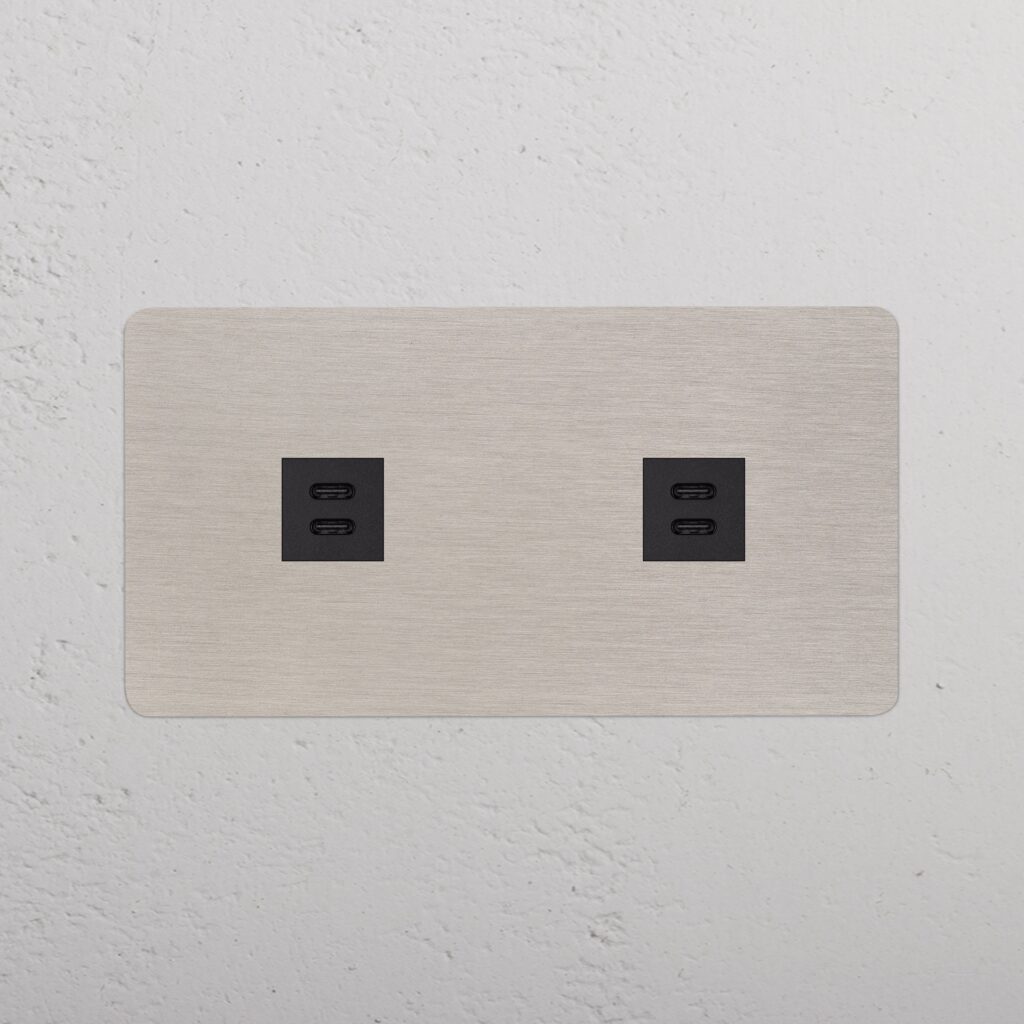 Kew Gniazdo USB-C 30 W x 2 w podwójnej ramce – Satynowy nikiel, Czarny