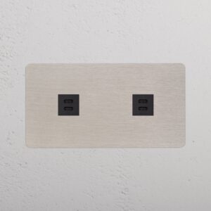Kew Gniazdo USB-C 30 W x 2 w podwójnej ramce – Satynowy nikiel, Czarny