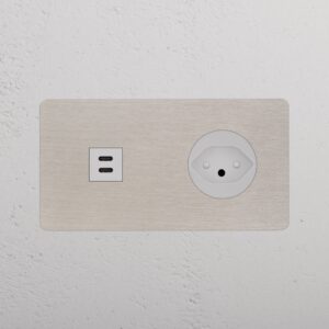 Kew Gniazdo USB-C 30W i szwajcarskie typu J w podwójnej ramce – Satynowy nikiel, Biały