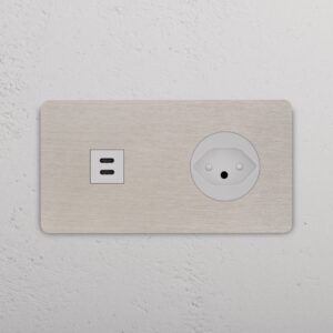 Grove Gniazdo USB-C 30W i szwajcarskie typu J w podwójnej ramce – Satynowy nikiel, Biały
