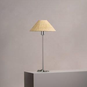 Cotswold średnia plisowana lampa stołowa lniany odcień żółci – Satynowy nikiel