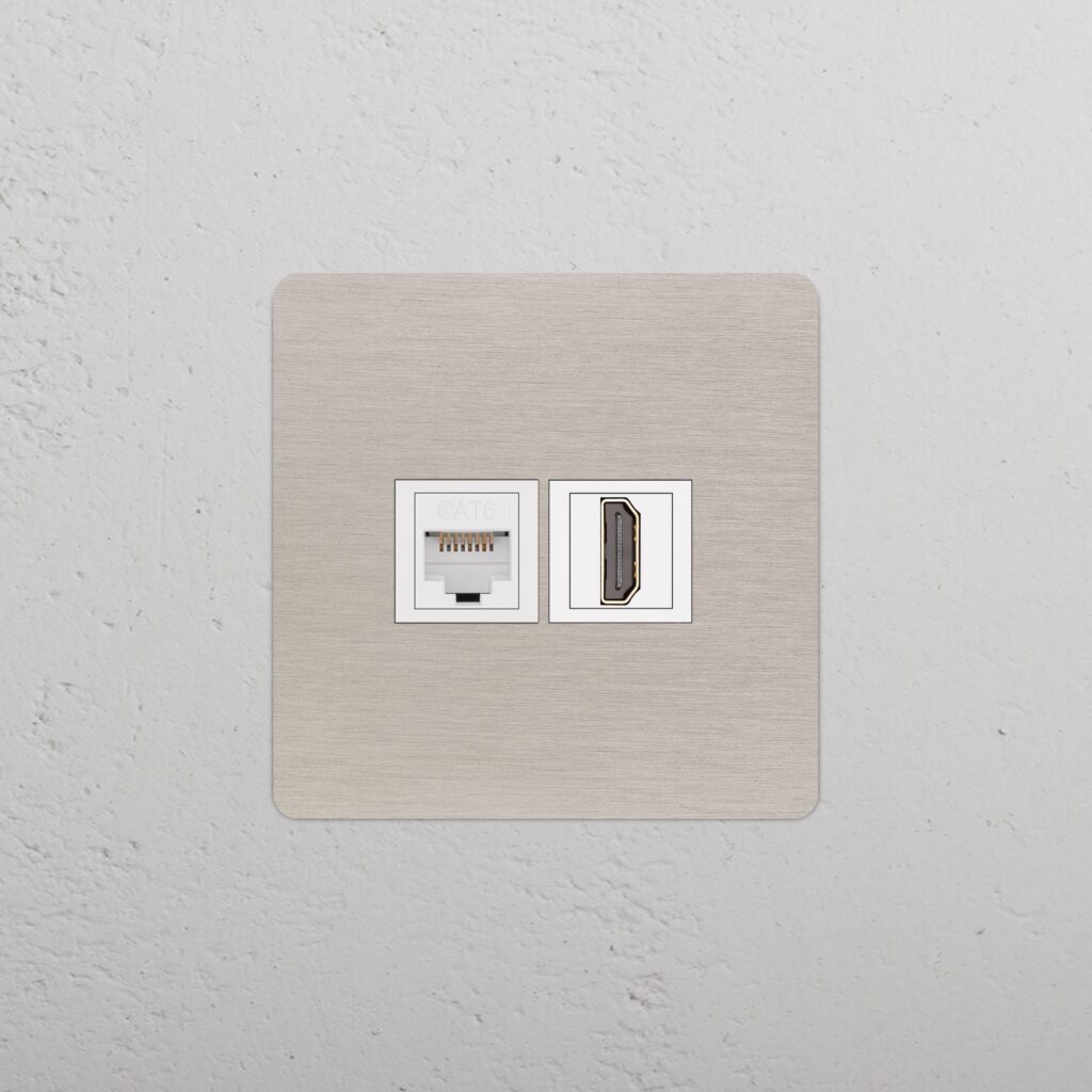 Kew Gniazdo RJ45 i HDMI w pojedynczej ramce – Satynowy nikiel, Biały