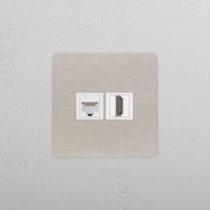 Kew Gniazdo RJ45 i HDMI w pojedynczej ramce – Satynowy nikiel, Biały