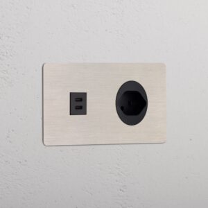 Kew Gniazdo USB-C 30W i szwajcarskie typu J w podwójnej ramce – Satynowy nikiel, Czarny