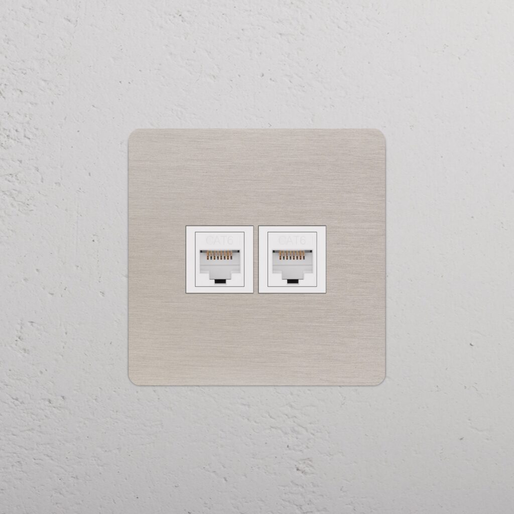Kew Gniazdo RJ45 x 2 w pojedynczej ramce – Satynowy nikiel, Biały