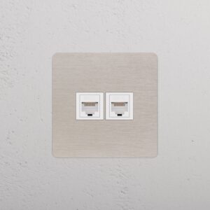 Kew Gniazdo RJ45 x 2 w pojedynczej ramce – Satynowy nikiel, Biały