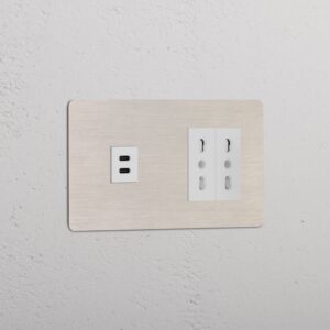 Kew Gniazdo USB-C 30 W i Bipasso x 2 w podwójnej ramce – Satynowy nikiel, Biały