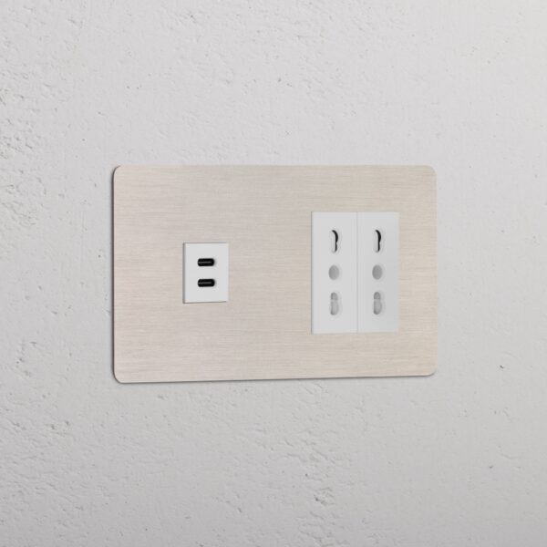 Kew Gniazdo USB-C 30 W i Bipasso x 2 w podwójnej ramce – Satynowy nikiel, Biały