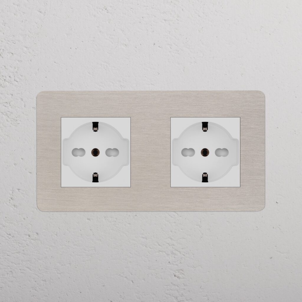 Kew Gniazdo Schuko/Bipasso x 2 w podwójnej ramce – Satynowy nikiel, Biały