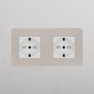 Kew Gniazdo Schuko/Bipasso x 2 w podwójnej ramce – Satynowy nikiel, Biały
