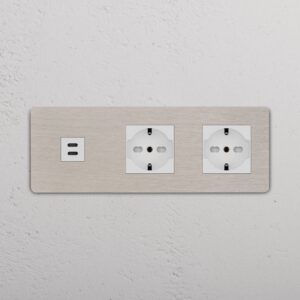 Grove Gniazdo USB-C 30 W i Schuko/Bipasso x 2 w potrójnej ramce – Satynowy nikiel, Biały
