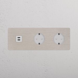Kew Gniazdo USB-C 30 W i Schuko typu F x 2 w potrójnej ramce – Satynowy nikiel, Biały