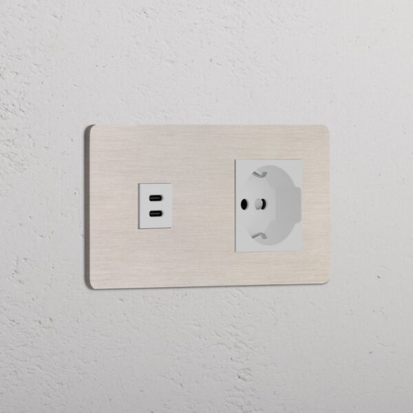 Grove Gniazdo USB-C 30 W i Schuko/Bipasso w podwójnej ramce – Satynowy nikiel, Biały