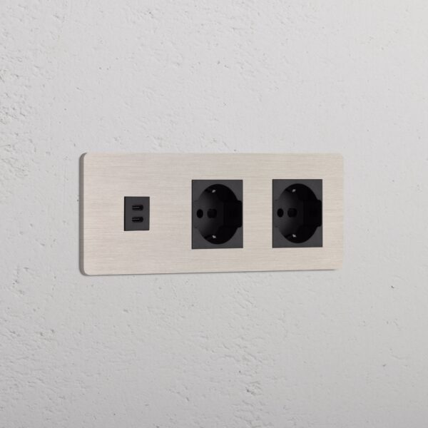 Grove Gniazdo USB-C 30 W i Schuko/Bipasso x 2 w potrójnej ramce – Satynowy nikiel, Czarny