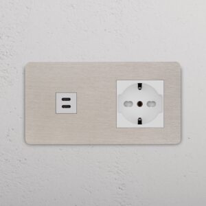 Grove Gniazdo USB-C 30 W i Schuko/Bipasso w podwójnej ramce – Satynowy nikiel, Biały