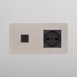 Kew Double USB-C 30W & Schuko/Bipasso Socket – Satynowy nikiel, Czarny