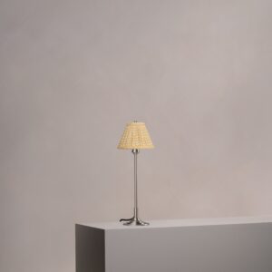 Cotswold mała plisowana lampa stołowa lniany odcień żółci – Satynowy nikiel