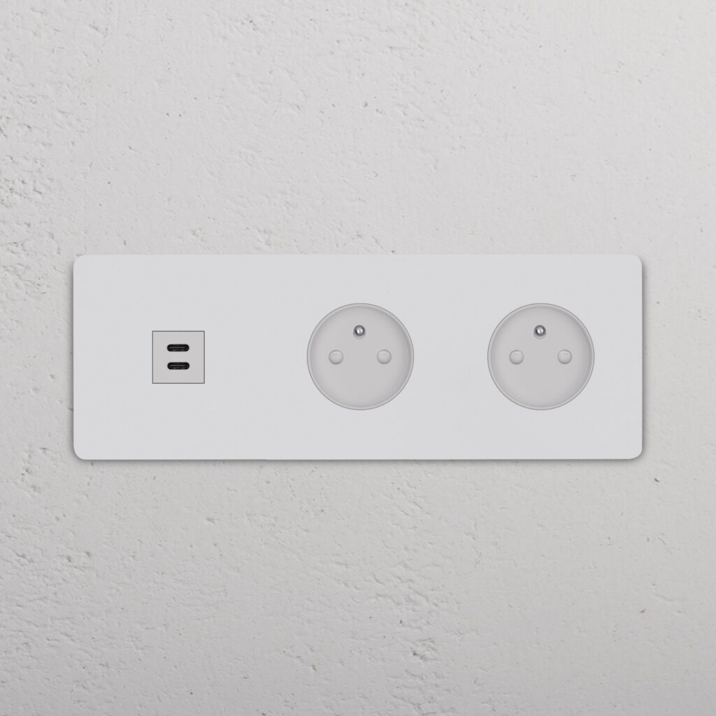 Grove Gniazdo USB-C 30 W i francusko/belgijskie typu E x 2 w potrójnej ramce – Do malowania, Biały