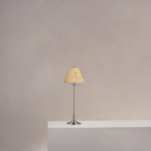 Cotswold mała plisowana lampa stołowa lniany odcień żółci – Satynowy nikiel