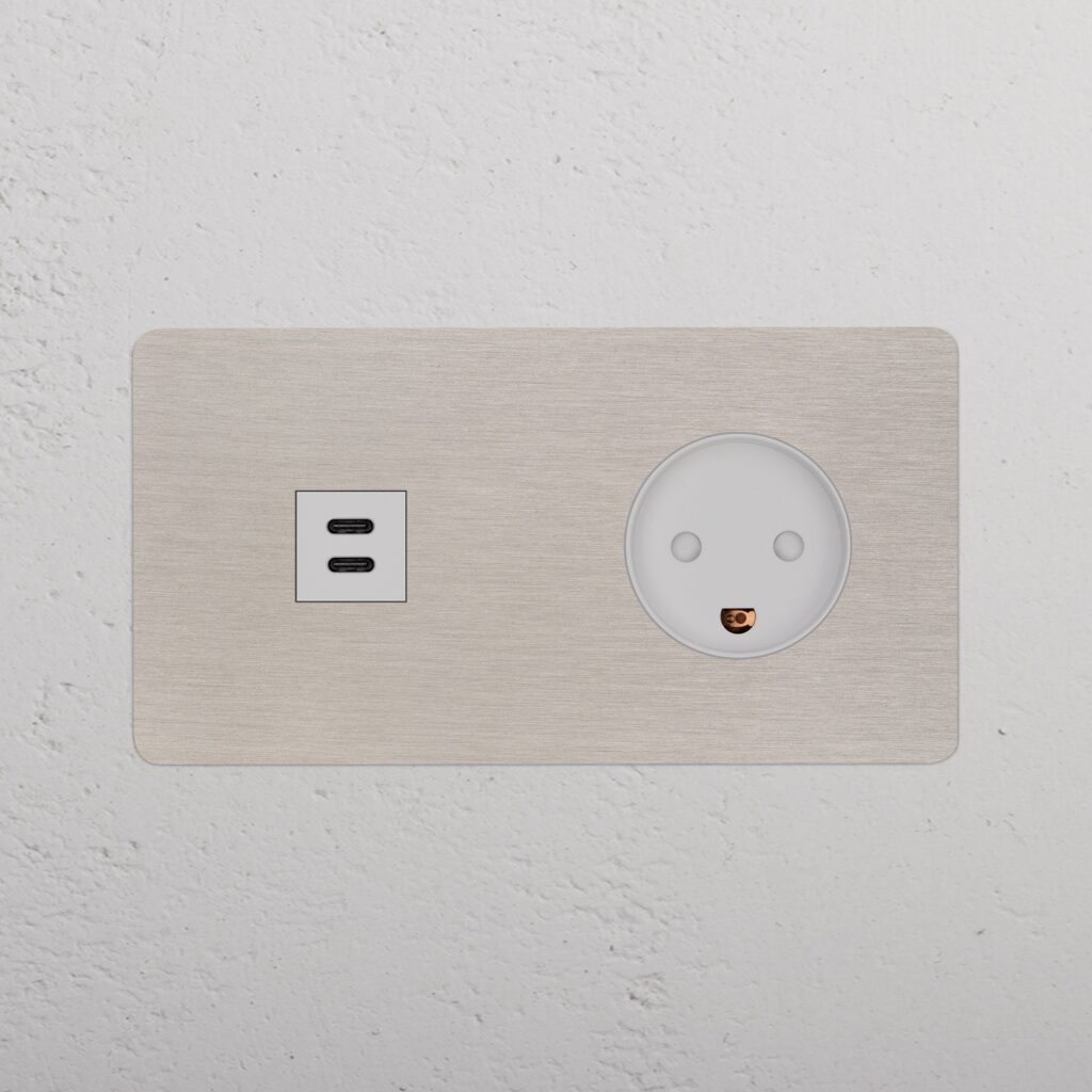 Kew Gniazdo USB-C 30 W i duńskie typu K w podwójnej ramce – Satynowy nikiel, Biały