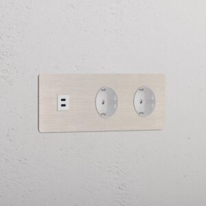 Kew Gniazdo USB-C 30 W i Schuko typu F x 2 w potrójnej ramce – Satynowy nikiel, Biały