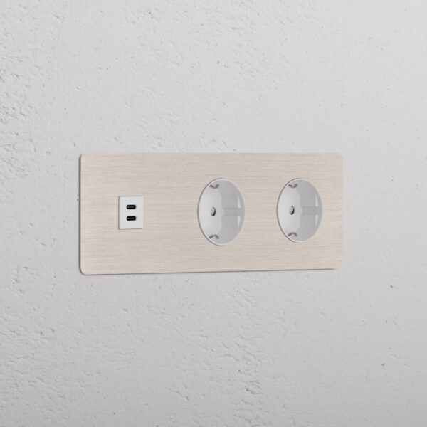 Kew Gniazdo USB-C 30 W i Schuko typu F x 2 w potrójnej ramce – Satynowy nikiel, Biały
