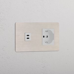 Kew Gniazdo USB-C 30 W i Schuko/Bipasso w podwójnej ramce – Satynowy nikiel, Biały