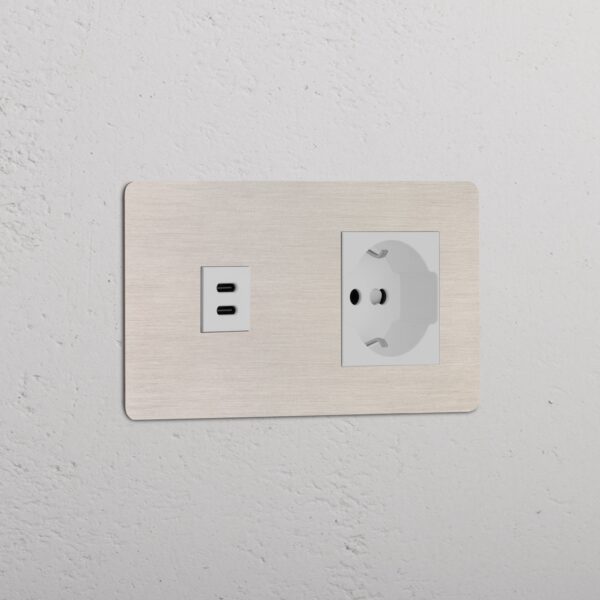 Kew Gniazdo USB-C 30 W i Schuko/Bipasso w podwójnej ramce – Satynowy nikiel, Biały